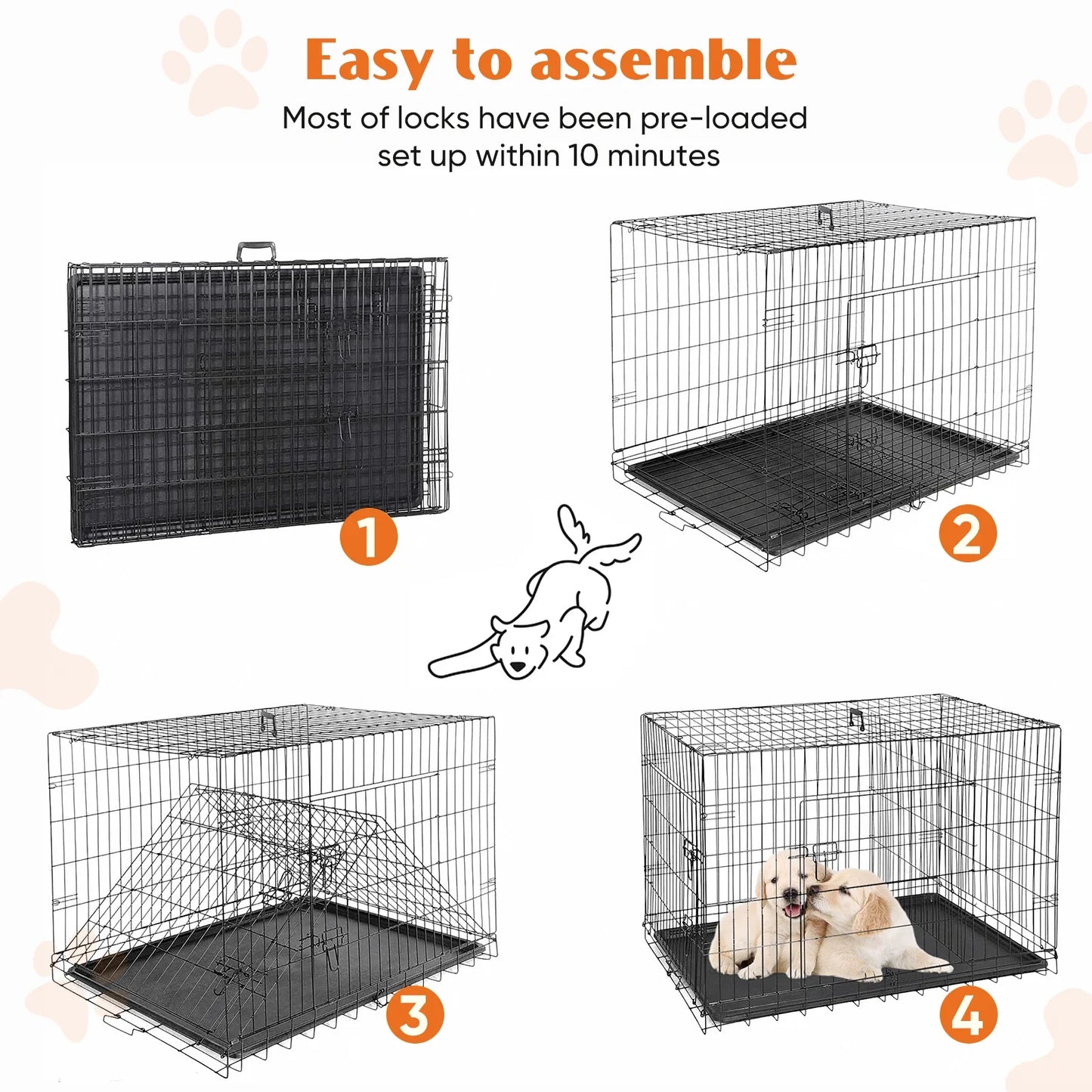 Double Door Folding Metal Dog Cage with Leak-Proof Tray