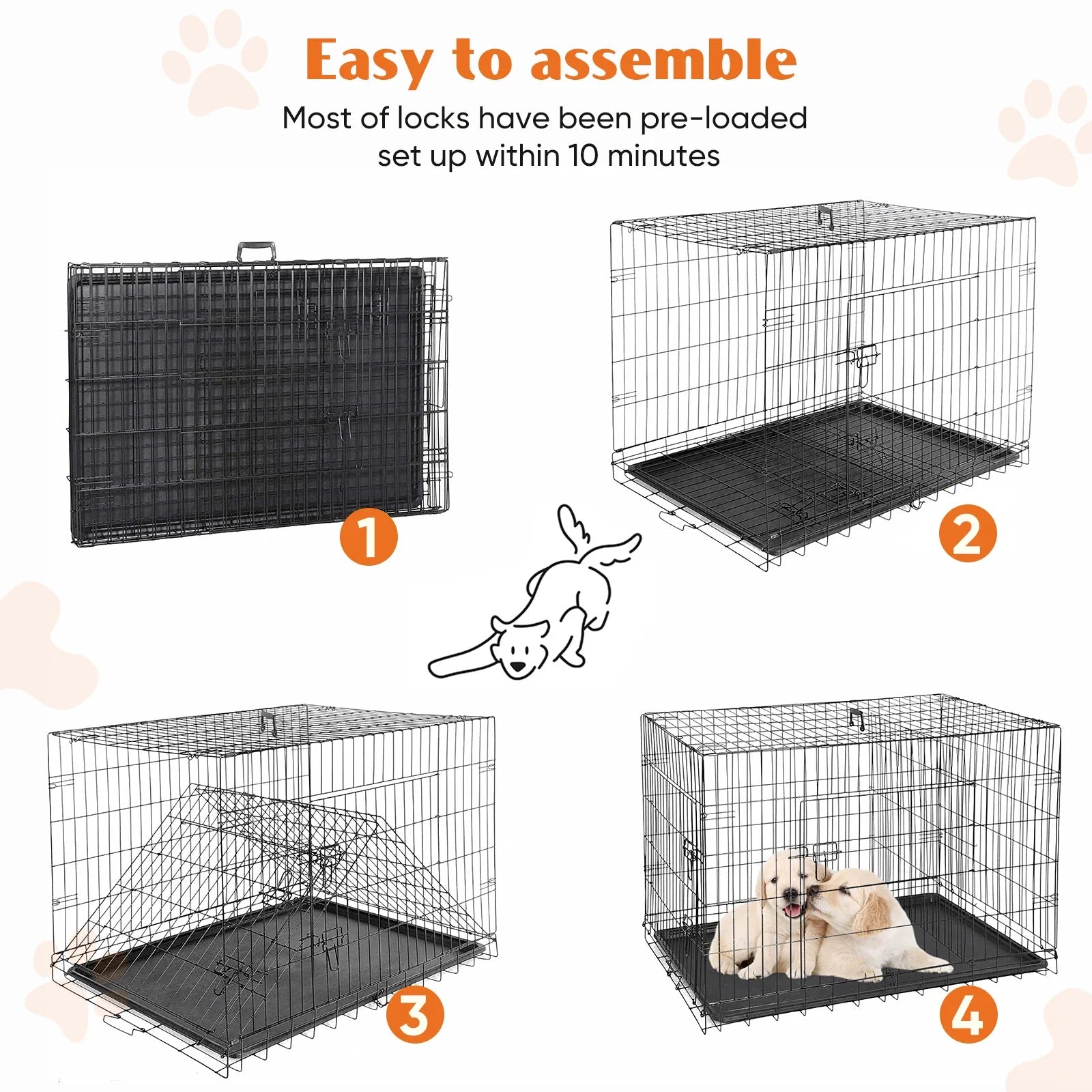 Double Door Folding Metal Dog Cage with Leak-Proof Tray