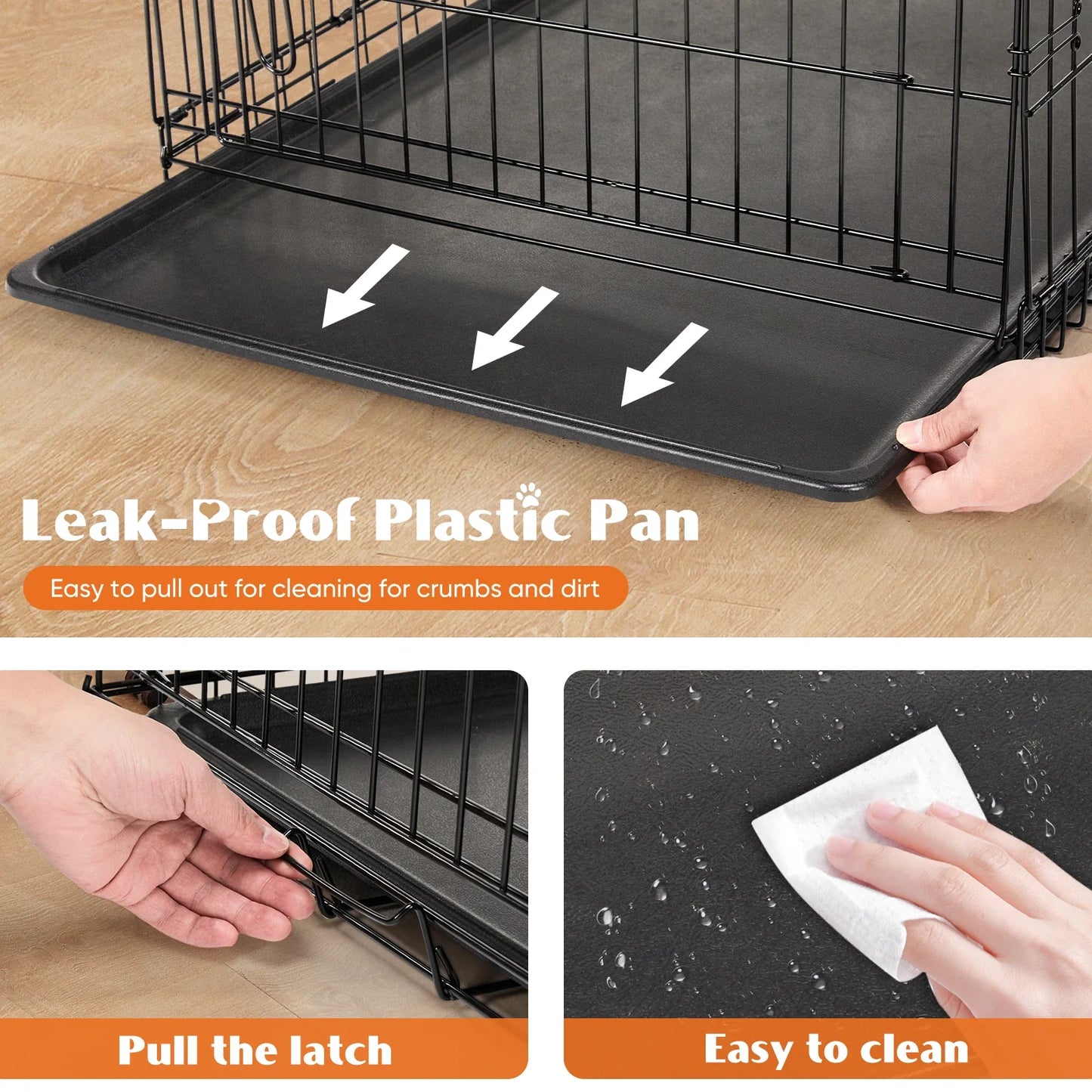 Double Door Folding Metal Dog Cage with Leak-Proof Tray