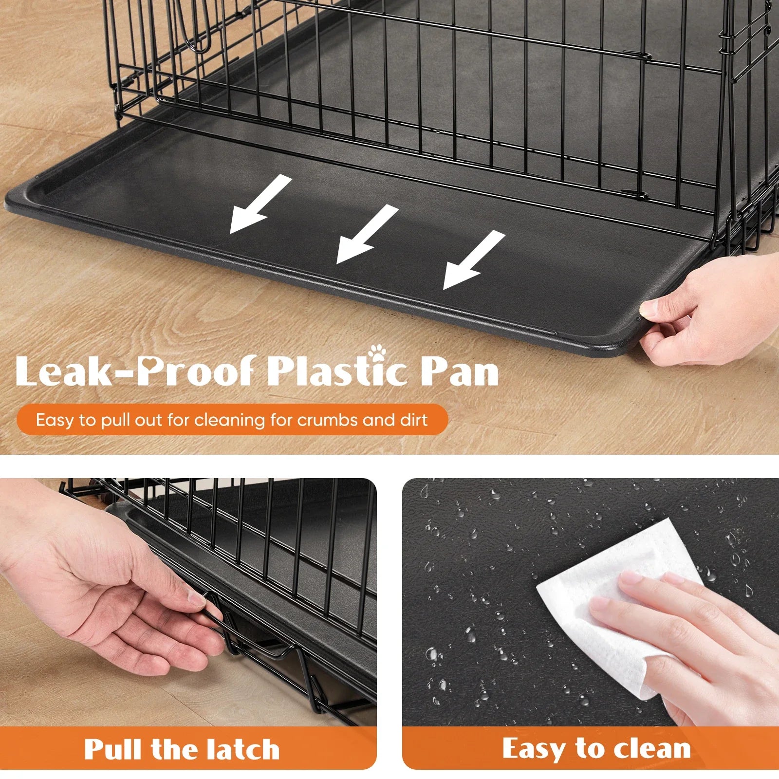 Double Door Folding Metal Dog Cage with Leak-Proof Tray