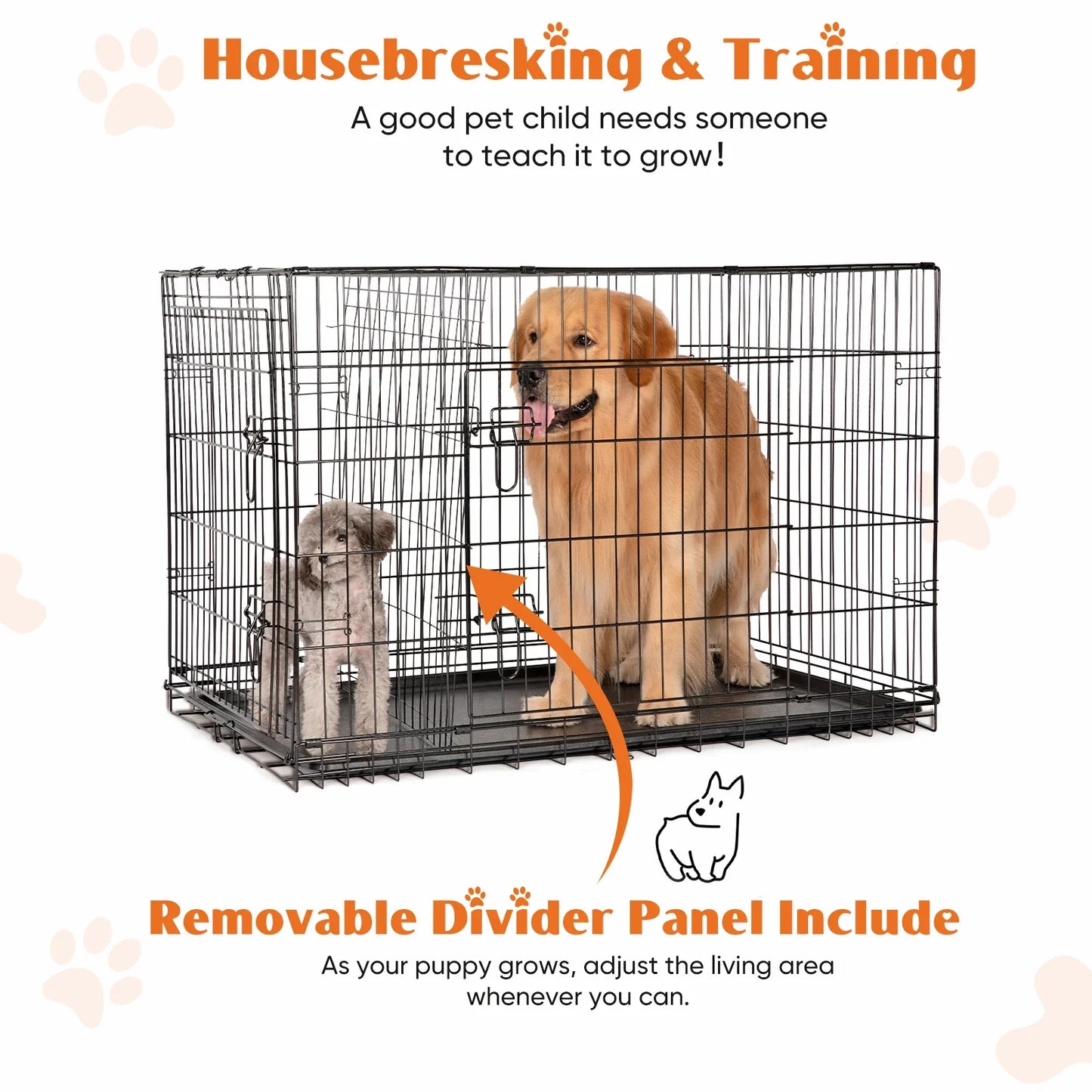 Double Door Folding Metal Dog Cage with Leak-Proof Tray