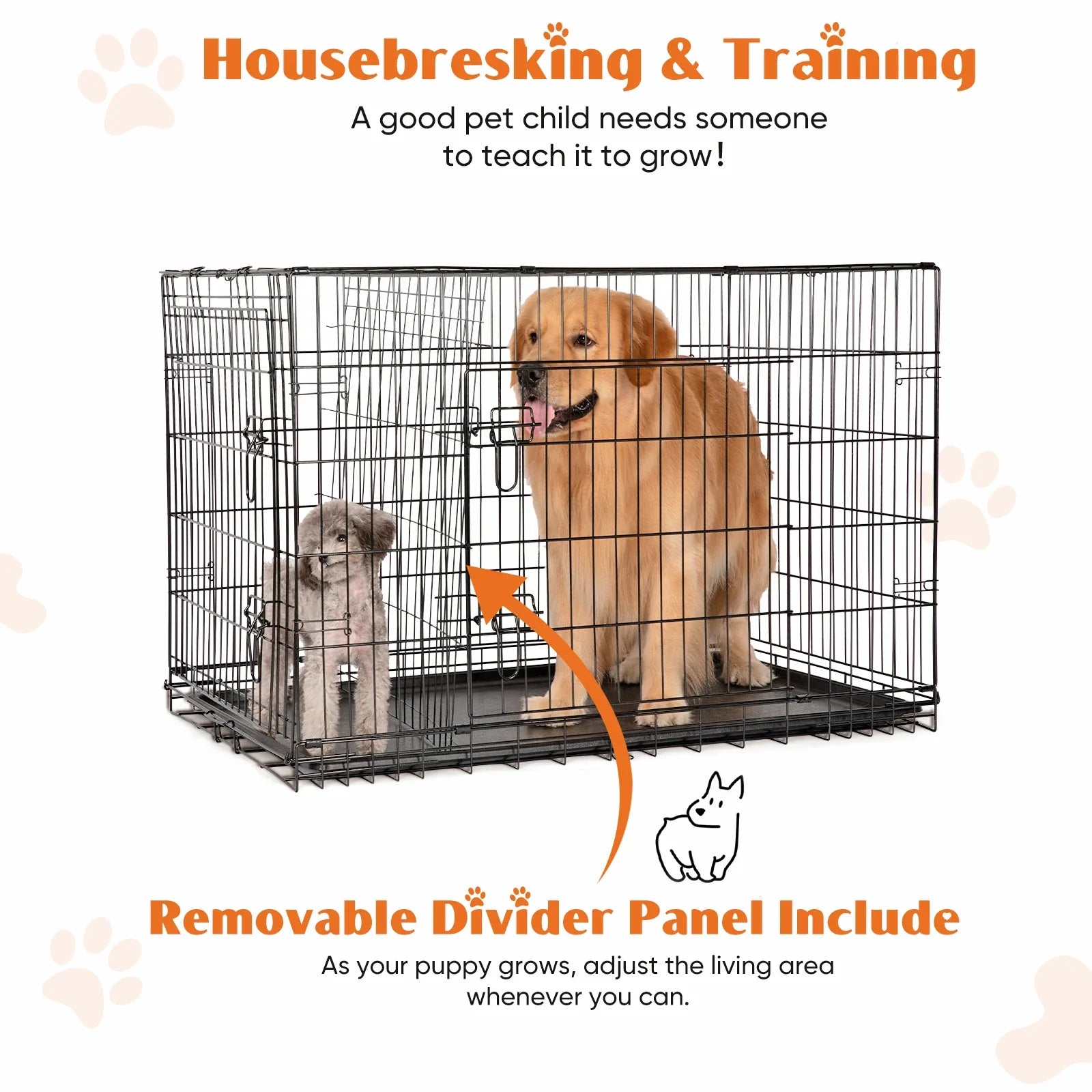 Double Door Folding Metal Dog Cage with Leak-Proof Tray