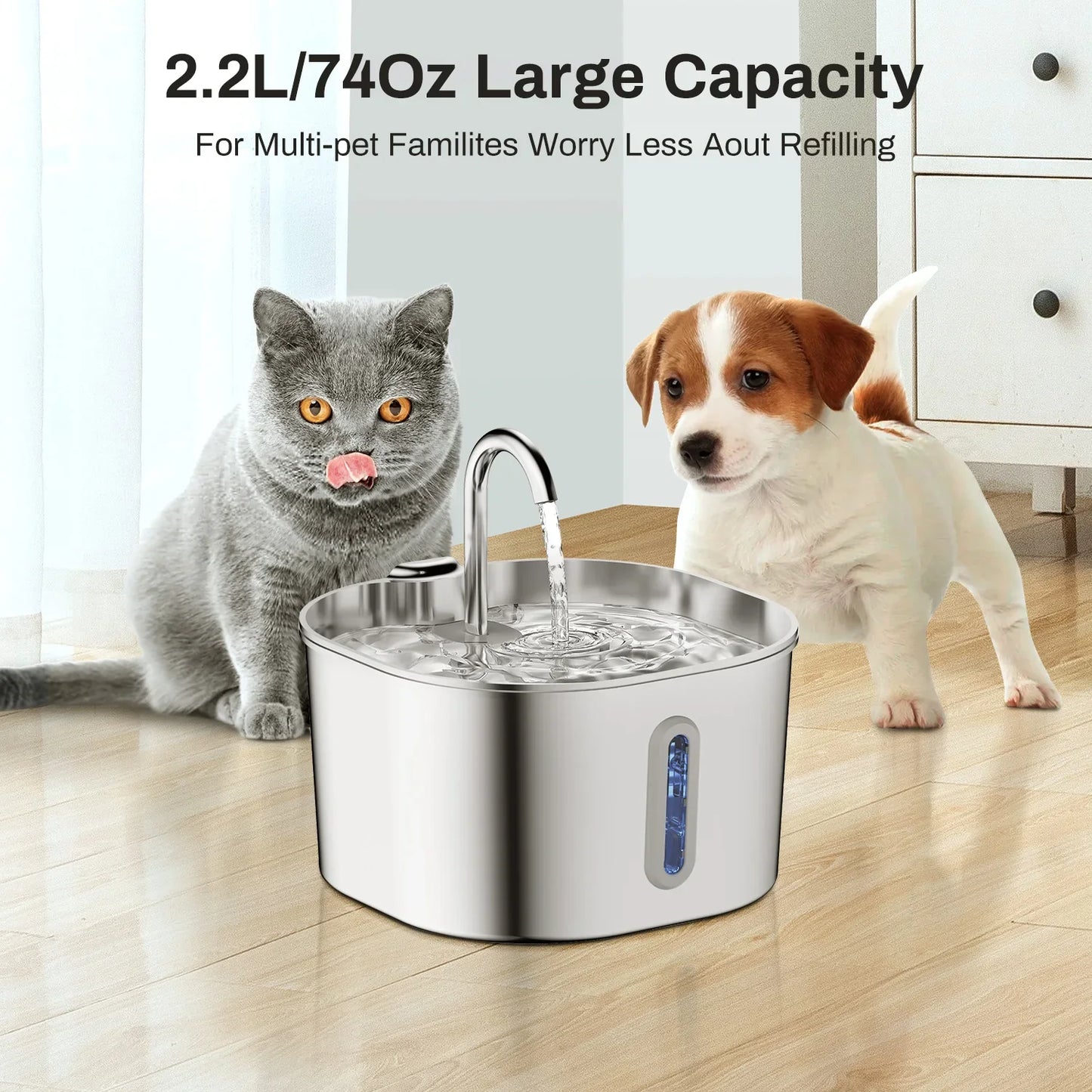 2.2L Automatic Cat Water Fountain — Stainless Steel