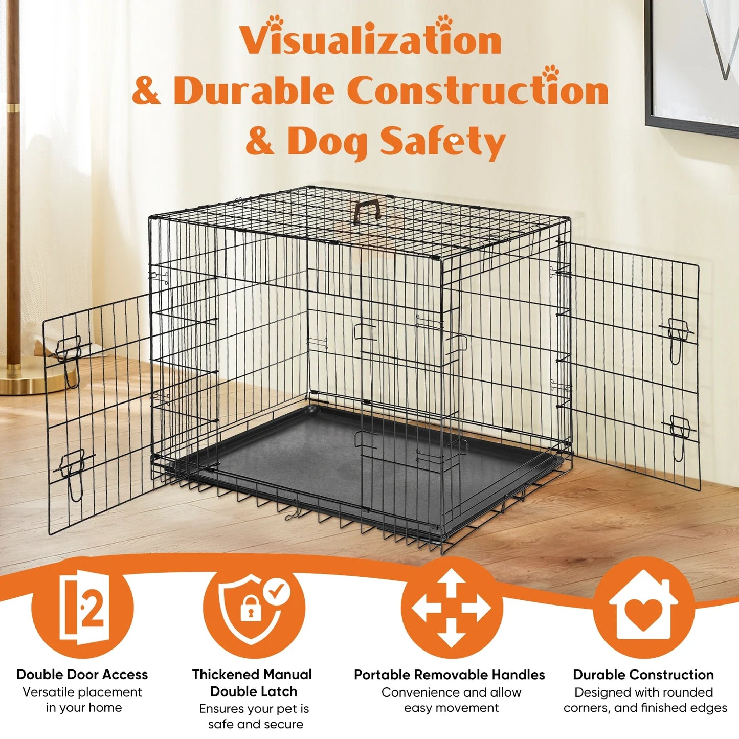 Double Door Folding Metal Dog Cage with Leak-Proof Tray