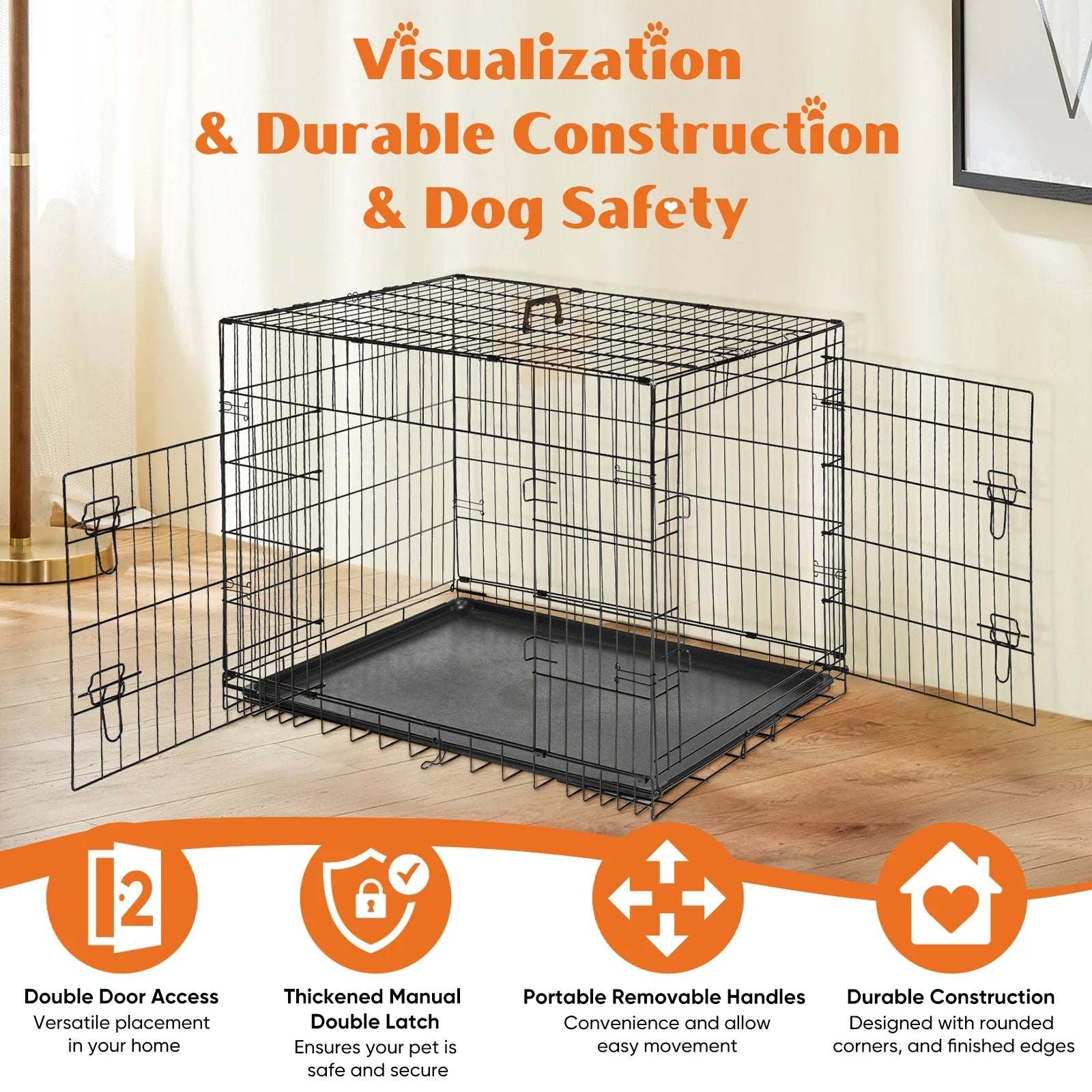 Double Door Folding Metal Dog Cage with Leak-Proof Tray